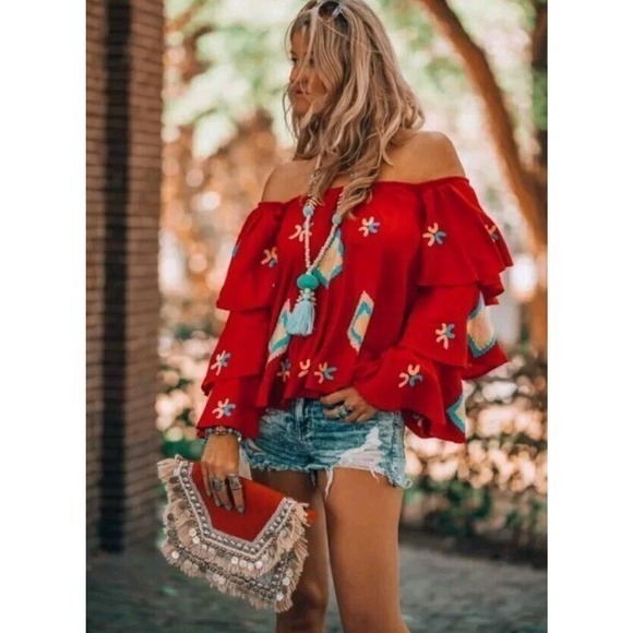 Geo, Aztec Boho Print Off Shoulder Blouse XL - Picture 8 of 9